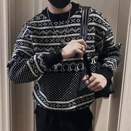 美式轻熟满印几何花色套头毛衣男秋冬款重磅加厚内搭针织毛线衣潮商品大图
