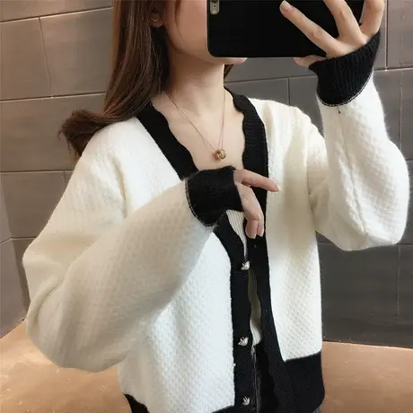 V领撞色小香风针织开衫女士2023春秋新款韩版宽松长袖毛衣上衣女商品大图