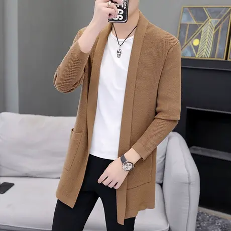 风衣男士春秋季中长款针织开衫外套潮流宽松男装新款韩版外穿毛衣图片