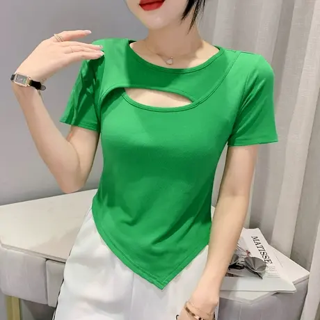 性感镂空T恤女短袖2023欧货个性不规则修身上衣洋气圆领丅恤小衫商品大图