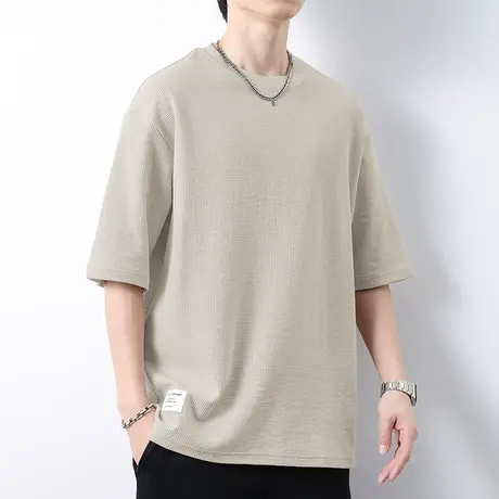 220g重磅华夫格短袖t恤男夏季透气圆领纯色上衣服五分袖体恤半袖商品大图