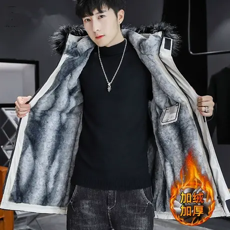 派克服男款加绒加厚中长款潮流男士冬季外套连帽潮流棉衣保暖棉服商品大图