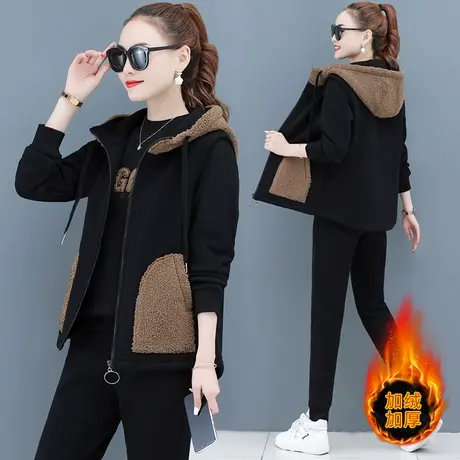 加绒运动服套装女秋冬2022年新款时尚加厚卫衣马甲三件套休闲服装商品大图