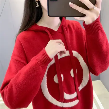 时尚慵懒风减龄针织卫衣女连帽宽松套头上衣洋气帽衫秋冬加厚毛衣图片