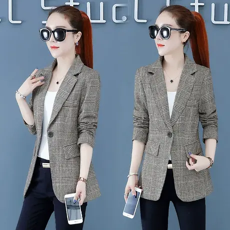 格子西装外套女上衣2025春装新款韩版修身显瘦气质复古长袖小西服商品大图
