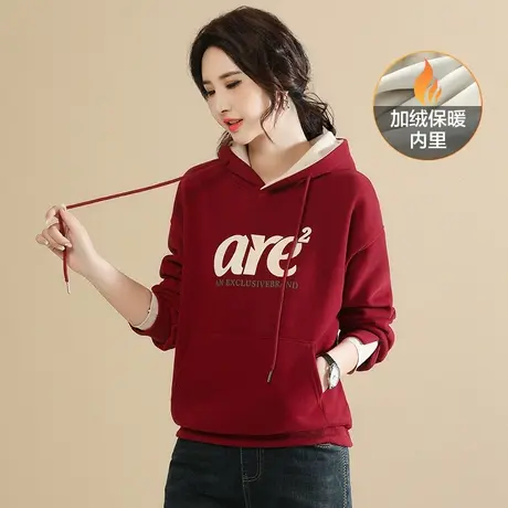 【秋冬上新8.5折】连帽字母印花红色加绒卫衣女百搭显示上衣图片