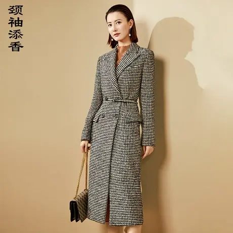 颈袖添香风衣女外套羊毛呢大衣秋季中长款千鸟格时尚修身设计感商品大图