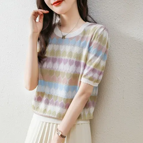 圆领爱心夏季短袖T恤2023韩版新款女士针织衫撞色条纹款宽松上衣商品大图