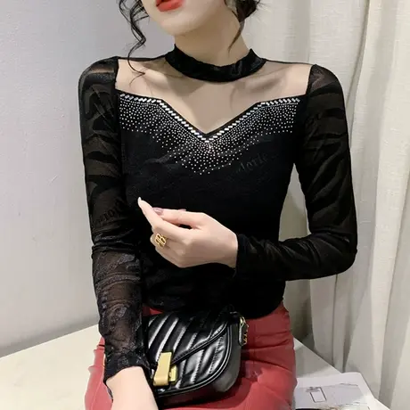 欧货网纱打底衫女秋冬2024新款性感镂空心机上衣气质显瘦T恤长袖图片