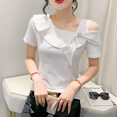 露肩T恤女短袖2024夏装新款性感镂空锁骨上衣气质蝴蝶结修身小衫商品大图