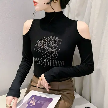 2024秋季露肩半高领T恤女长袖性感烫钻打底衫时尚心机显瘦上衣ins图片