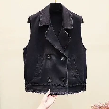 牛仔马甲女短款修身韩版潮显瘦春秋无袖外套背心坎肩黑色字母马夹商品大图