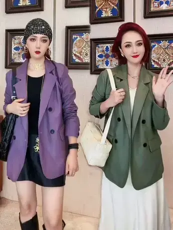 绿色皮衣西装外套女休闲韩版宽松2023新款秋季小个子显瘦小西服潮商品大图