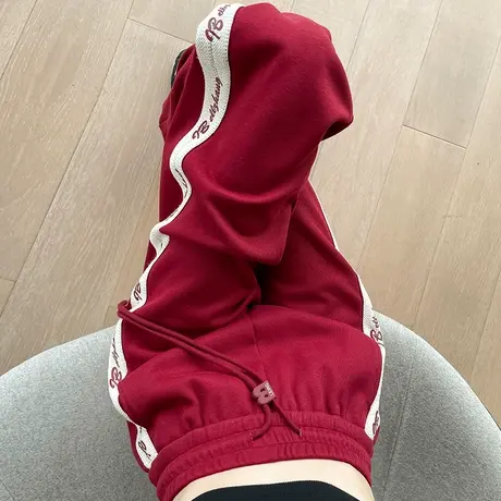 酒红色束脚运动裤秋冬季女2024年新款裤子设计感条纹阔腿窄版卫裤图片