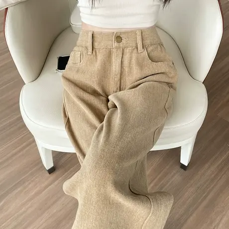 卡其色阔腿牛仔裤女2024春秋新款高腰显瘦宽松直筒休闲小个拖地裤商品大图