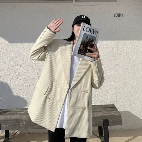 灯芯绒西装外套女春秋季新款复古气质宽松休闲设计感条绒小西服商品大图