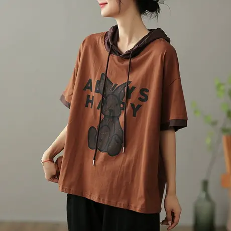 dza文艺复古纯棉连帽T恤女2023夏季薄款短袖体恤宽松显瘦打底上衣商品大图