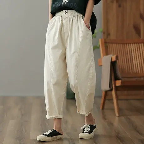dza 高腰显瘦纯棉休闲裤女2023夏季九分直筒阔腿裤宽松百搭哈伦裤图片