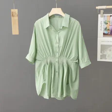 绿色显瘦裙摆式衬衫女短袖夏季2024新款设计感小众衬衣薄小衫上衣图片