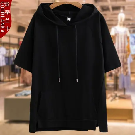 大码棉麻上衣女夏季遮肚200斤中年胖妈妈洋气减龄宽松短袖连帽T恤图片