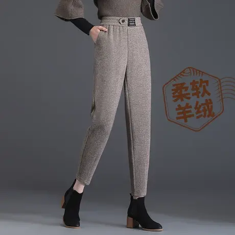 妈妈羊毛呢裤子女秋冬季宽松加大码中老年加绒加厚休闲九分萝卜裤商品大图