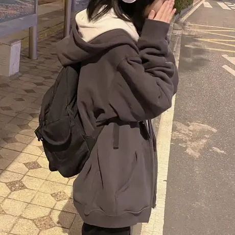 oversize卫衣女2023春秋季设计感小众薄款慵懒风连帽开衫拉链外套商品大图