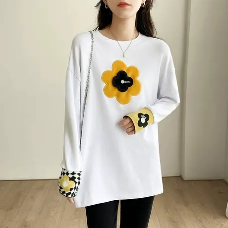 中长款设计感长袖宽松T恤女2022年早春新款韩版显瘦纯棉刺绣上衣图片