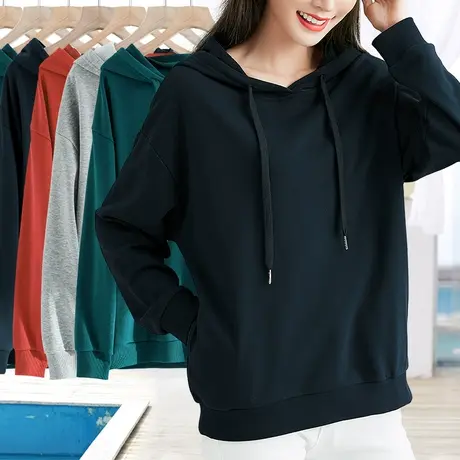 春秋季中年妈妈深色连帽卫衣女套头宽松显瘦棉质薄款可外穿打底衫商品大图