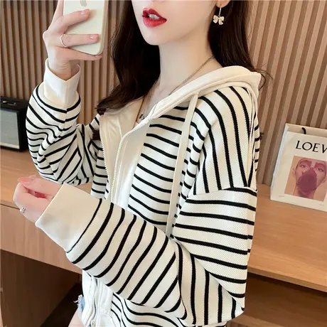 连帽卫衣女2023新款春秋韩版宽松薄款美式条纹小个子短款开衫外套图片