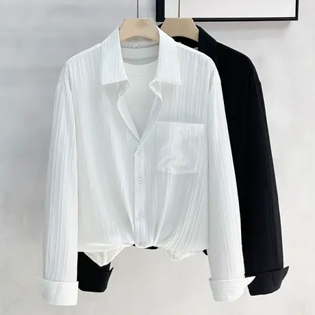 冰丝垂感衬衫长袖男士春秋季宽松韩版轻奢高级感寸衫男装衬衣外套商品大图