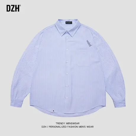 男士条纹长袖衬衫男秋季高级感休闲衬衣2023新款宽松蓝色上衣寸衫商品大图