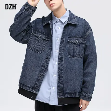 男士蓝色牛仔外套男秋季潮牌大码翻领工装夹克男装2023新款牛仔衣商品大图