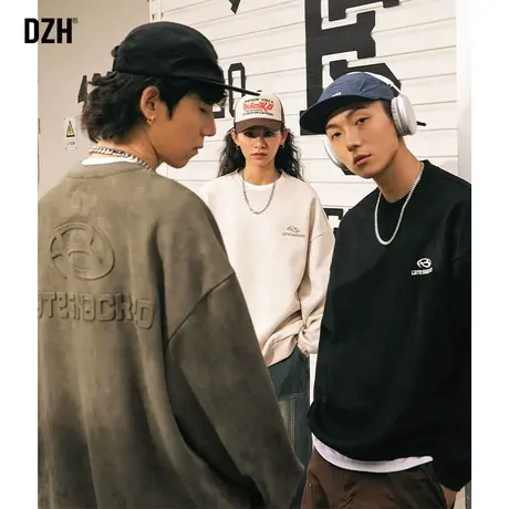 青少年麂皮绒卫衣男美式潮牌oversize宽松圆领秋季外套情侣装秋装商品大图