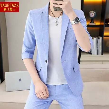 夏季中袖小西装男修身韩版潮西服套装男士休闲薄款学生七分袖外套商品大图