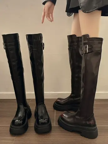 皮带扣过膝靴女2023秋冬新款时尚百搭小个子厚底英伦风辣妹长靴女图片