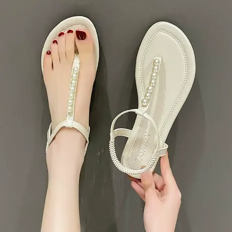 时尚罗马凉鞋女平底2023年夏春季新款珍珠夹趾女鞋复古小众罗马鞋商品大图