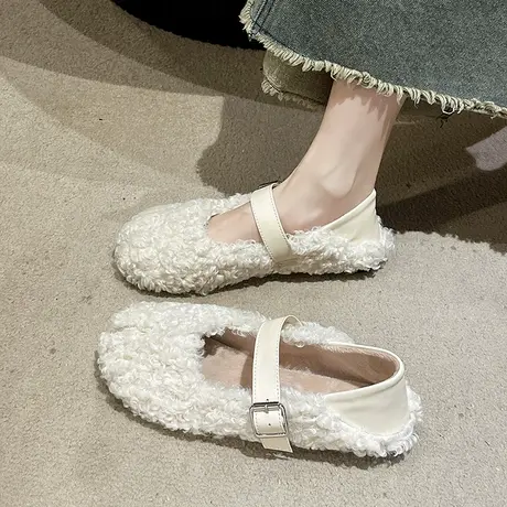 网红羊羔毛毛鞋女外穿秋冬加绒棉鞋2023新款平底单鞋玛丽珍女鞋子商品大图