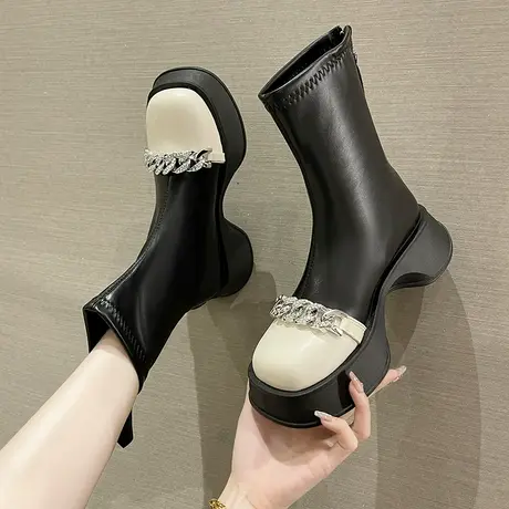 港风时尚长筒靴女2023年秋季新款网红英伦风休闲厚底防滑切尔西靴商品大图