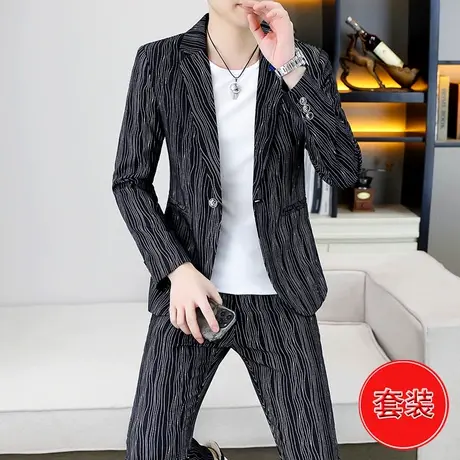 韩版小西装外套男士潮流痞帅气秋季ins时尚波浪条纹西服两件套装图片