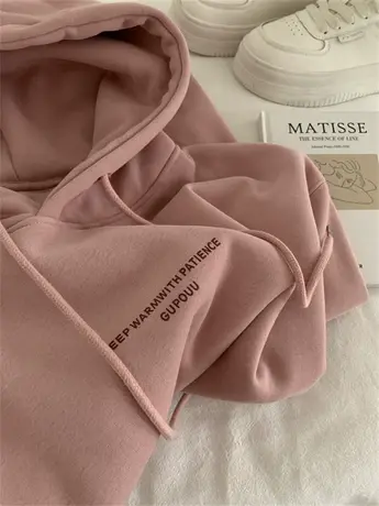 简约小字母韩版连帽卫衣女加厚复合羊羔绒保暖套头上衣2023秋冬新图片