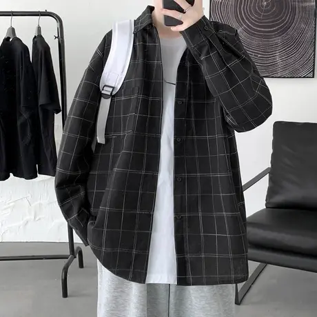 男士衬衫长袖夏季新款休闲宽松格子衬衣男生潮牌潮流寸衫薄款外套商品大图