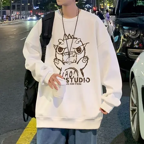 美式恐龙卡通国潮印花卫衣男春秋季加厚加绒圆领上衣宽松套头外套商品大图