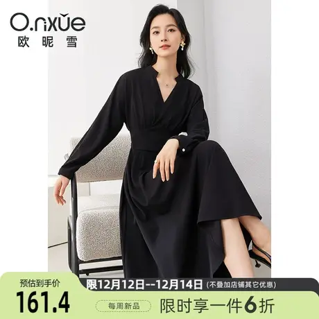 欧昵雪2024春季新款法式V领高腰显瘦连衣裙女长袖中长款黑色裙子图片