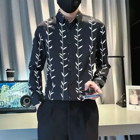 春秋季高级感痞帅修身男长袖衬衫上衣花色满印个性衬衣INS休闲潮商品大图