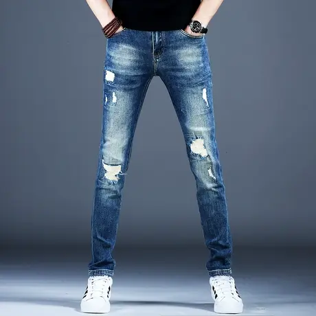 秋冬季男士新款破洞牛仔裤男款补丁修身小脚痞帅高级感裤子男美式商品大图
