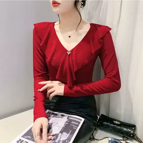 性感网纱镂空V领荷叶边长袖打底衫爱心镶钻洋气上衣女修身显瘦T恤商品大图