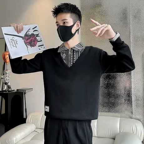 拼接假两件POLO领卫衣春秋季新款潮ins男装上衣衬衫领打底衫外套商品大图