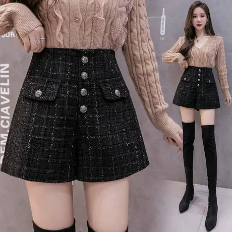 黑色毛呢短裤女2023秋冬新款韩版闪闪亮小香风靴裤a字阔腿休闲裤图片