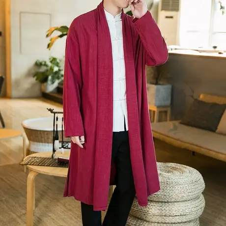 春秋季中国风男士无扣开衫休闲宽松青年道袍复古棉麻改良中式汉服图片