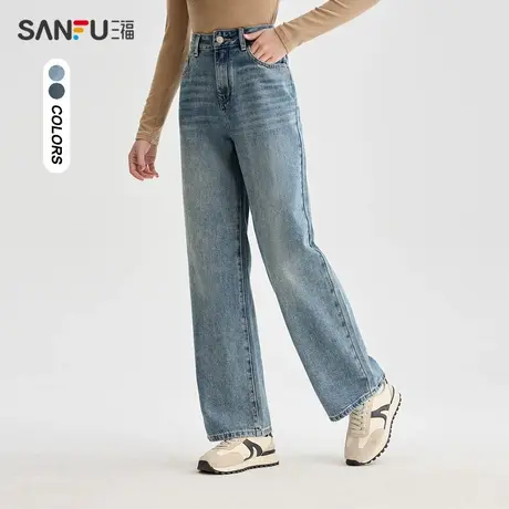 三福牛仔裤女2024春秋新款设计感小个子显高直筒长裤子女装481272商品大图
